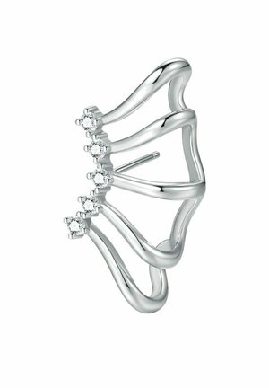 Puñera de oreja ondulada plateada con cinco pequeñas piedras preciosas redondas y claras en una fila vertical, diseñada para sujetarse a la oreja.