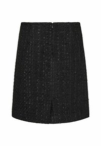 Jupe noire en tissu texturé, présentant une silhouette ajustée, une coupe mi-longue et une fermeture discrète à l'arrière sans matériel visible.