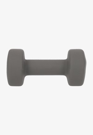 Grå gummibelagd hantel med sexkantig form, slät yta och rundade ändar. Utformad för styrketräning och fitnessövningar.