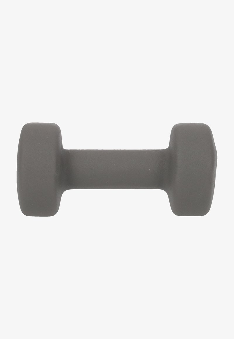 Harmaa kumipinnoitettu käsipaino, jossa on heksagonimuoto, sileä pinta ja pyöristetyt päät. Suunniteltu painoharjoitteluun ja kuntoiluharjoituksiin.