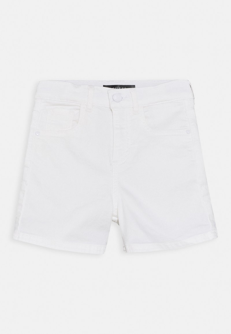 Valkoiset puuvilladenim-shortsit, joissa on klassinen vyötärö, etutaskut ja nappikiinnitys. Suora leikkaus ja sileä rakenne, sopii rentoon pukeutumiseen.