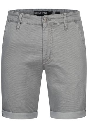 Gray patterned shorts with a smooth texture, folded cuffs, and front pockets, featuring a button closure and belt loops.