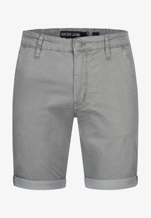 Gray patterned shorts with a smooth texture, folded cuffs, and front pockets, featuring a button closure and belt loops.