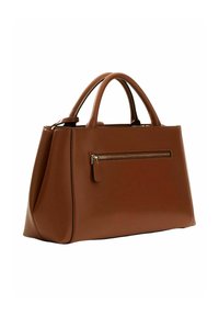 Sac à main en cuir marron avec deux poignées, texture lisse, forme rectangulaire et une poche zippée à l'avant. Design minimaliste, sans motifs apparents.