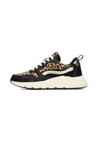 Zapatillas con parte superior de estampado de leopardo, acentos de cuero negro, media suela color crema y una lengüeta dorada en el talón. Suela de goma para mayor tracción.