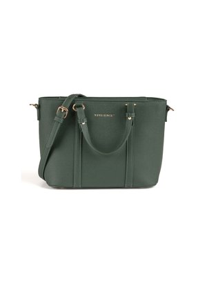 Borsa a tracolla in faux pelle verde con doppi manici superiori, hardware dorato e tracolla regolabile. Presenta dettagli di pannelli verticali.