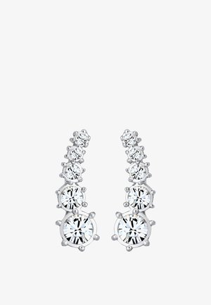 Cercei cu ton argintiu, decorati cu cristale clare dispuse în ordonare gradată, fiecare fiind prins în prindere circulară cu un finisaj neted, aranjate într-un design curbat.