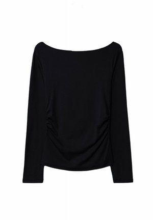 Černý top s dlouhým rukávem a výstřihem přes ramena, s bočním nařasením pro lepší strukturu a hladkým, elastickým materiálem.