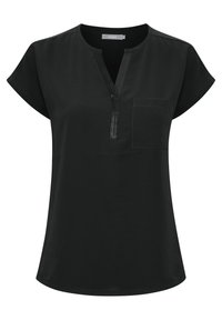 Blouse noire à manches courtes avec fente en V, poche poitrine sur le côté gauche et ourlet légèrement arrondi.