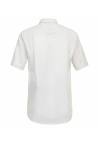 Kurzarm-Hemd aus glattem Stoff in Weiß, mit klassischem Kragen und leicht abgerundetem Saum auf der Rückseite.