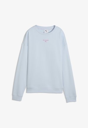 Ljusblå långärmad sweatshirt med rund hals, rosa "HYROX"-text och Puma-logotyp centrerade på bröstet, ribbade muddar och nederkant.