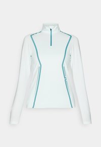 Long-sleeve athletic top in white fabric featuring a high collar and teal accent lines along the shoulders and sides. Zipper at the neck.
