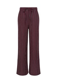 Burgundowe spodnie o szerokich nogawkach z pionowymi paskami w białym i jasnoniebieskim kolorze, z elastycznym pasem i regulowanym sznurkiem.