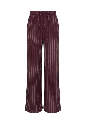 Burgundy wide-leg trousers with vertical stripes in white and light blue, featuring an elastic waistband and adjustable drawstring.
