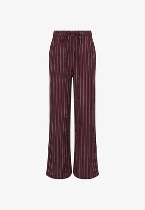 Bordeaux wijde broek met verticale strepen in wit en lichtblauw, met een elastische tailleband en een verstelbaar trekkoord.