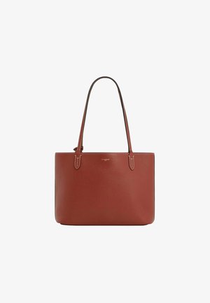 Sac cabas en cuir marron avec surface texturée, double anses épaules et détails subtils de couture. Forme rectangulaire, design ouvert sur le dessus.