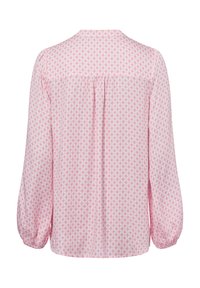 Long-sleeve blouse in pink with geometric pattern, featuring a round neck, gathered back, and elasticized cuffs. Made from lightweight fabric.