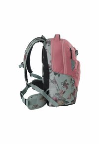 Sac à dos à motifs floraux avec un design rose et gris, des bretelles rembourrées, plusieurs compartiments et un extérieur en tissu durable.