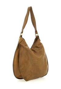 Borsa a spalla in pelle marrone con motivo decorativo cucito e ampia tracolla attaccata da anelli d'oro e rivetti.