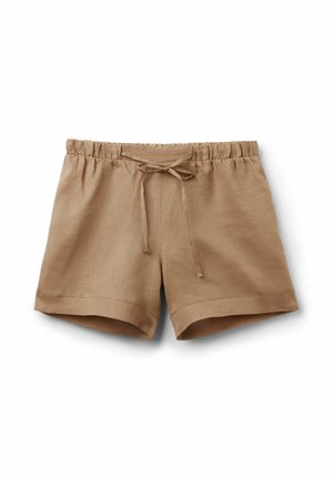 Beige linnedshorts med elastisk linning og snøre foran, med en afslappet pasform og opbukket kant.