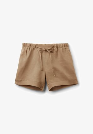 Béžové lněné šortky s elastickým pasem a předním zavazováním, volným střihem a ohrnutým lemem.