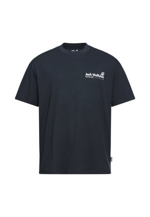 Donkerblauw katoenen T-shirt met een ronde hals, korte mouwen en een grafisch logo met 'Jack Wolfskin' op de borst.
