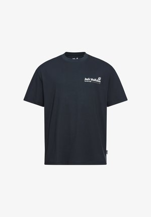 Donkerblauw katoenen T-shirt met een ronde hals, korte mouwen en een grafisch logo met 'Jack Wolfskin' op de borst.