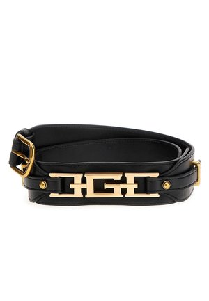 Black leather belt with gold buckle and decorative gold-toned geometric chain link detail, folded on a white background.
