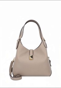Borsa a mano in pelle beige con forma morbida e strutturata. Presenta un dettaglio triangolare in metallo dorato sul davanti e una tracolla rimovibile.