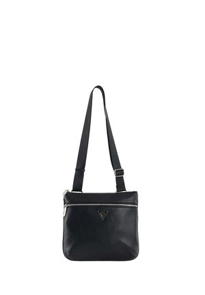 Borsa a tracolla in pelle nera con finitura testurizzata, caratterizzata da una tasca frontale con zip e un cinturino regolabile. Include un accento con logo triangolare.