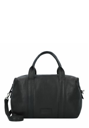 Zwarte leren weekendtas met een textuurafwerking, dubbele handvatten aan de bovenkant en een afneembare schouderband. Minimalistisch ontwerp zonder zichtbare hardware.