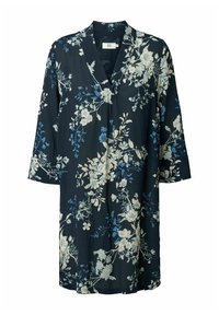 Blumenkleid in Marineblau mit blauen und cremefarbenen Blumenmustern. Mit V-Ausschnitt, Dreiviertelärmeln und leichtem Stoff.