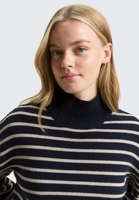 Pull en maille rayé bleu marine et crème avec un col montant côtelé, présentant une coupe ample et une texture douce. Les rayures forment un motif équilibré.