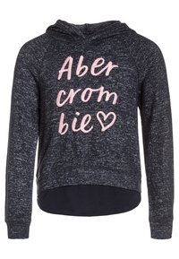Felpa con cappuccio blu navy scuro dalla texture morbida, con testo ricamato rosa "Abercrombie" e un motivo a cuore. Include una tasca frontale e cappuccio con coulisse.