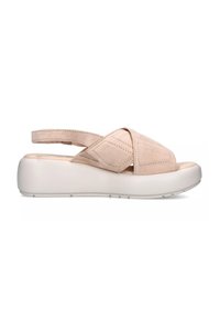 Sandali in suede beige con punta aperta, fasce incrociate, design slingback e suola piatta bianca. Superficie texturizzata, costruzione leggera.