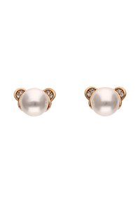 Orecchini a perno in tonalità oro che presentano grandi perle bianche di forma rotonda, accentuati da piccoli cristalli trasparenti in un design simile a un orsetto.