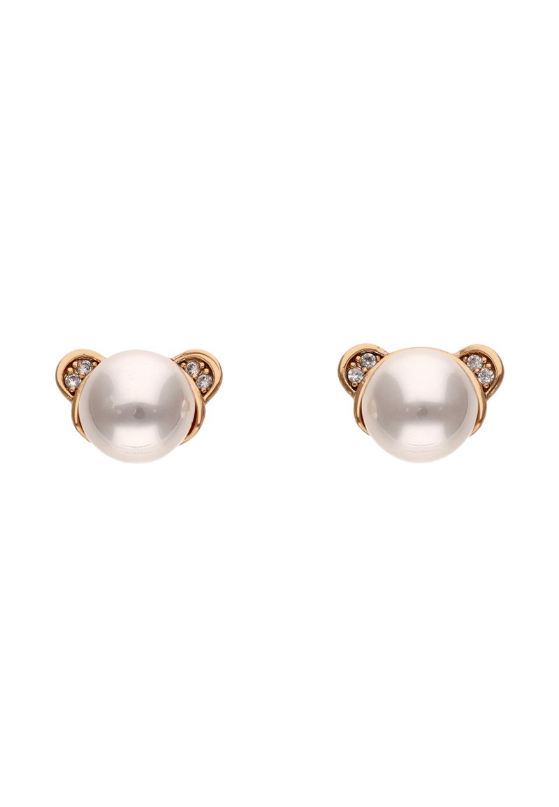 Orecchini a perno in tonalità oro che presentano grandi perle bianche di forma rotonda, accentuati da piccoli cristalli trasparenti in un design simile a un orsetto.