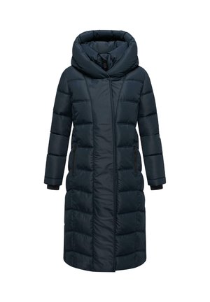 Abrigo acolchado azul marino con cuello alto y capucha, con cierre de cremallera frontal y bolsillos laterales. Material ligero y suave con diseño acolchado.