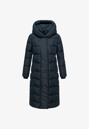 Abrigo acolchado azul marino con cuello alto y capucha, con cierre de cremallera frontal y bolsillos laterales. Material ligero y suave con diseño acolchado.