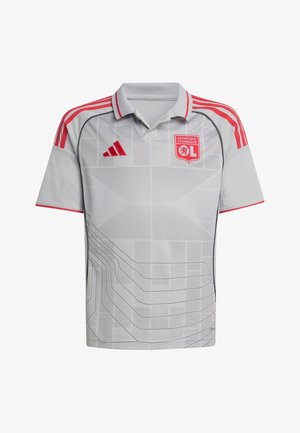 Gray short-sleeve polo shirt with red accents, featuring a textured geometric pattern and the Olympique Lyonnais logo on the chest.