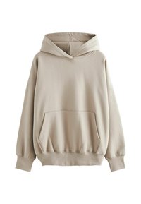 Bež hooded sweatshirt, mekan materijal, slobodan kroj, prednji kengurski džep, rebrasti manžeti i rub. Materijal je gladak s laganim rastezanjem.