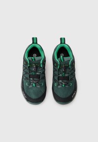 Grüne und schwarze Kletterschuhe mit einem Obermaterial aus Wildleder, Mesh-Einsätzen, einem schnellen Schnürsystem und einem gepolsterten Kragen.