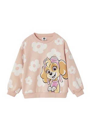 Pink children's sweatshirt with white flower patterns and a smiling cartoon dog wearing a pink aviator hat on the front.