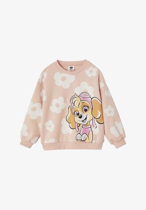Pink children's sweatshirt with white flower patterns and a smiling cartoon dog wearing a pink aviator hat on the front.