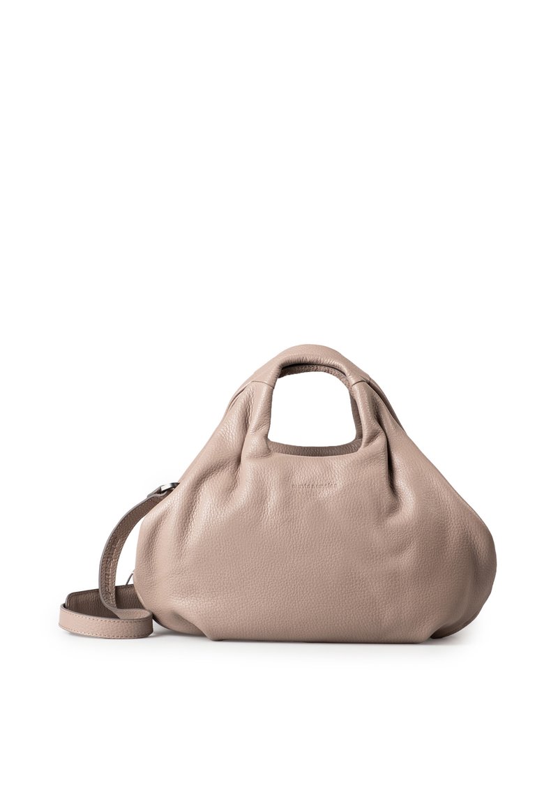 Borsa a mano in morbida pelle marrone chiaro, dalla forma arrotondata, con manico superiore e tracolla removibile. Superficie testurizzata con branding minimale.