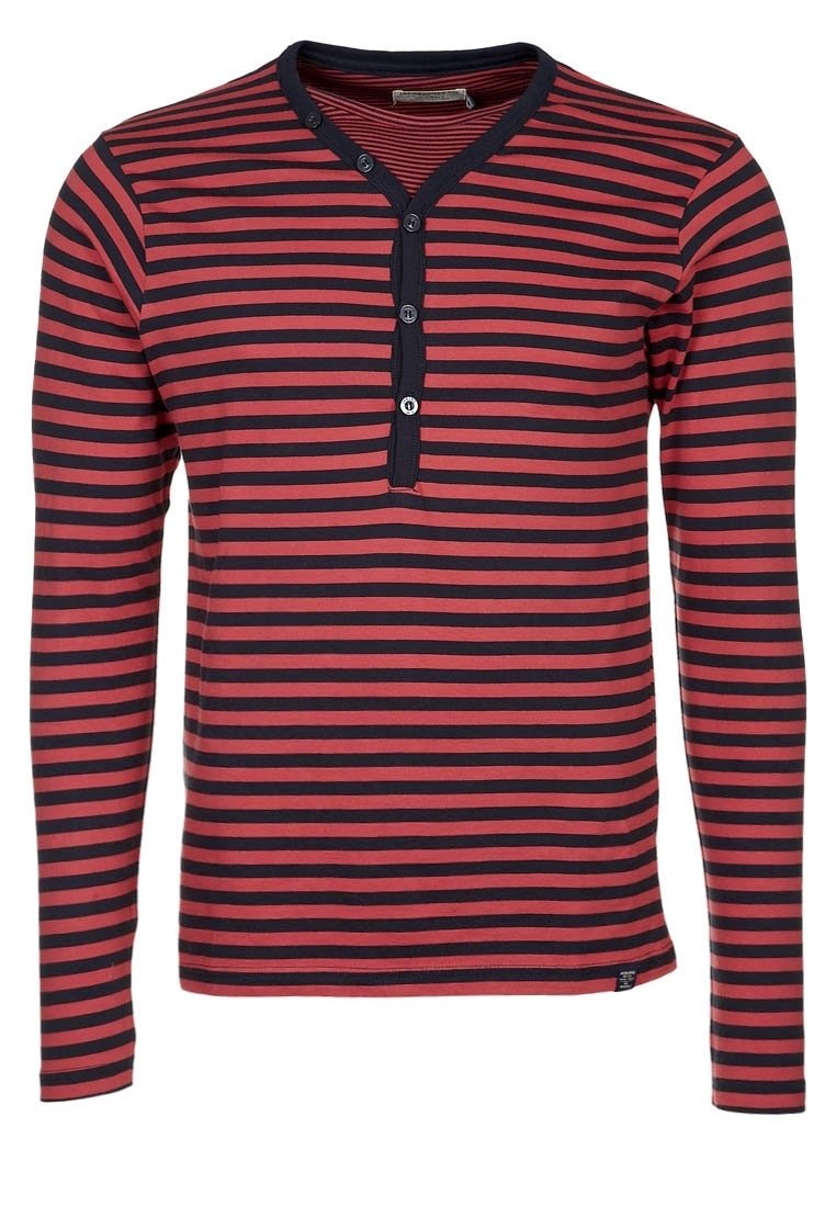 Rot gestreiftes Longsleeve-Shirt in Marineblau mit Henley-Ausschnitt, drei Knöpfen und regular Fit aus weichem Stoff.