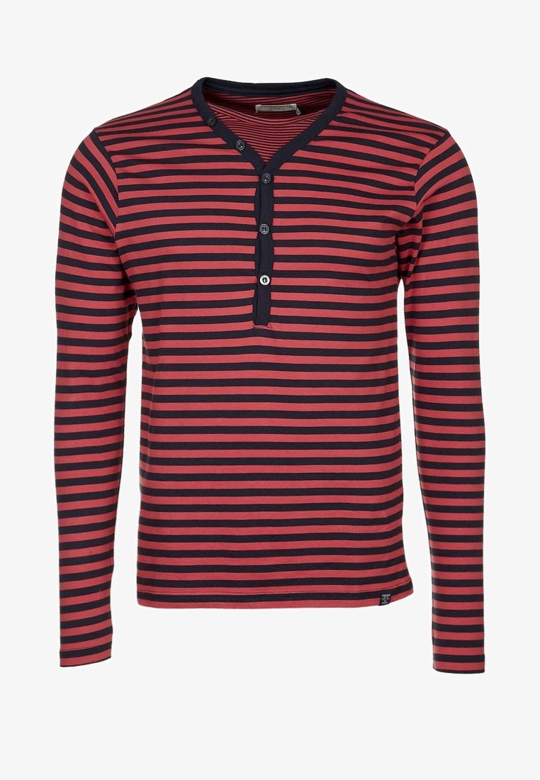 Rot gestreiftes Longsleeve-Shirt in Marineblau mit Henley-Ausschnitt, drei Knöpfen und regular Fit aus weichem Stoff.