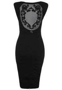 Schwarzes, figurbetontes Kleid mit einem Netzrücken, der mit filigraner schwarzer Stickerei verziert ist. Elegantes Design, knielang, mit einem Reißverschluss auf der Rückseite.