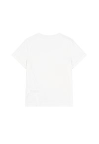 Witte t-shirt met korte mouwen en een ronde hals, met een gladde textuur. Geen zichtbare patronen of grafische elementen op de achterkant.