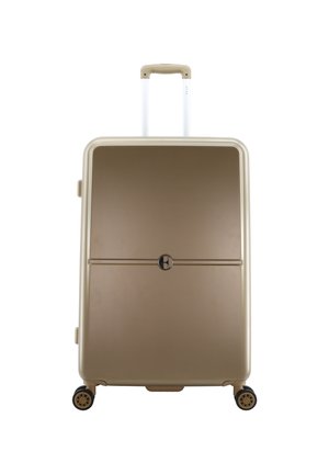 Hartschalenkoffer in metallischem Gold mit glänzender Oberfläche. Verfügt über einen ausziehbaren Griff, vier Räder und einen runden Reißverschluss-Zipper.